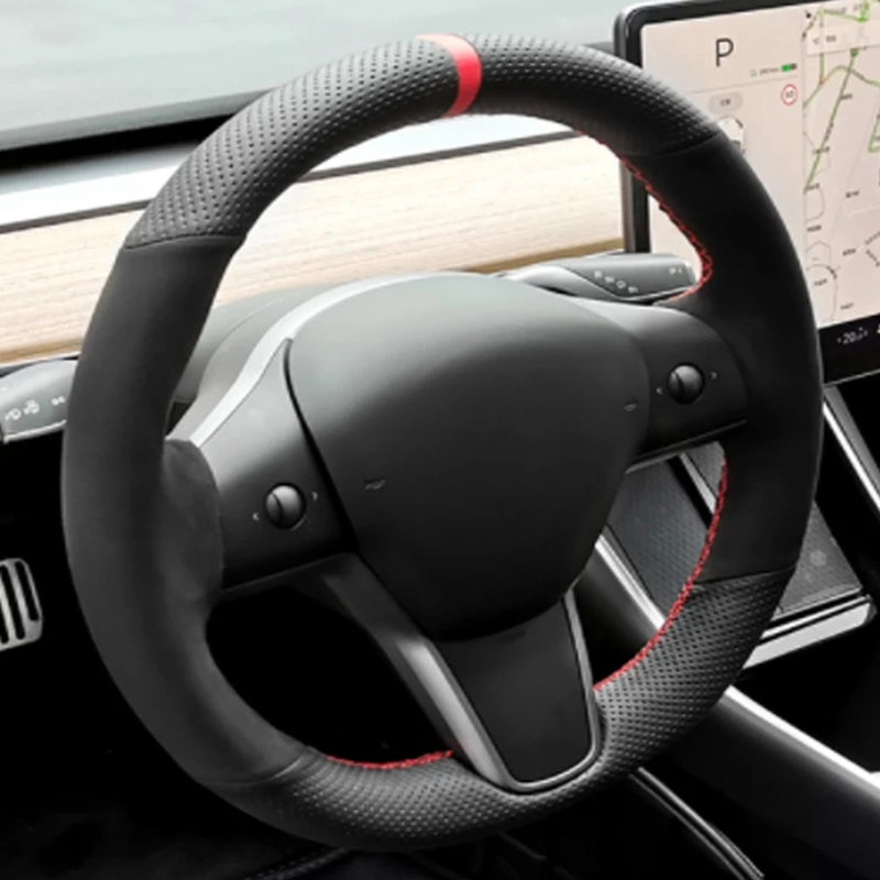 Car Steering Wheel Cover Anti Slip Breathable - El dikişli Kaymaz Karbon Fiber Süet