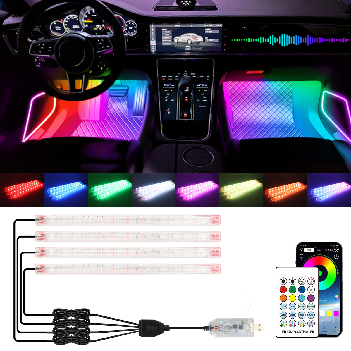 Led Ambient Interior Car Lights App Control - 2/4in1 12/18 LED RGB Gökkuşağı Atmosfer